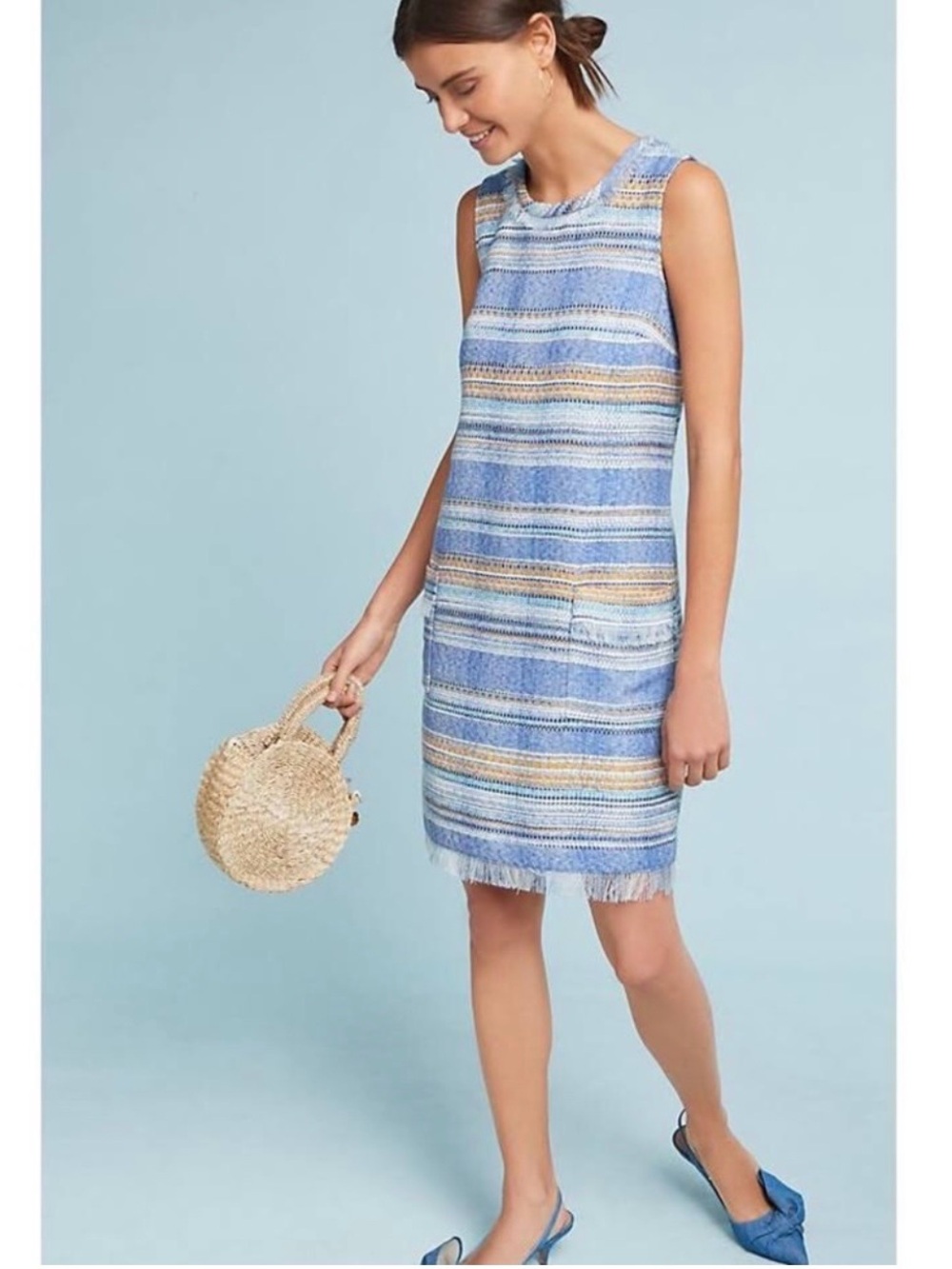 Akemi + Kin Anthropologie Blue Tweed Striped Shift Dress Pockets Fringe Size 4